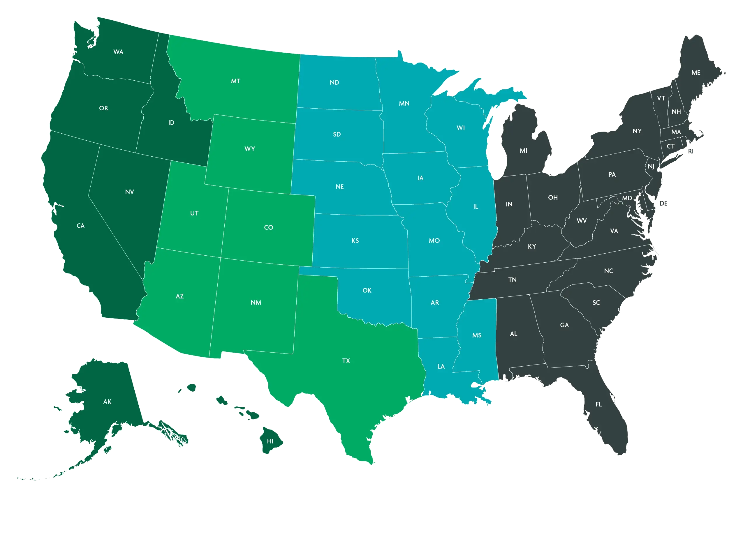 Map of the United States showing Jencap environmental & energy brokerage coverage regions